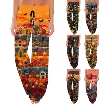 Женские повседневные модные удобные пижамные брюки с принтом Хэллоуина, широкие брюки с завязками XXL чёрный