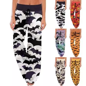 Женские повседневные модные удобные пижамные брюки с принтом Хэллоуина, широкие брюки с завязками XL