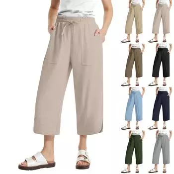 Женские повседневные модные укороченные брюки из хлопка и льна с завязками на пуговицах L армия зеленый