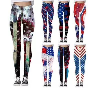 Женские повседневные модные уличные брюки с принтом в честь Дня независимости, тонкие эластичные брюки для йоги, девятиминутные брюки L синий