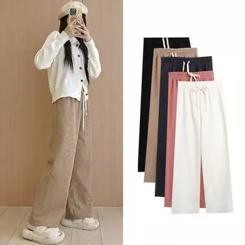 Женские повседневные модные утолщенные теплые вельветовые широкие брюки осень-зима свободные на шнуровке с высокой талией прямые женские брюки M чёрный