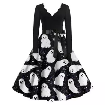 Женские повседневные модные винтажные длинные платья с длинным рукавом на Хэллоуин и графическим принтом L серый