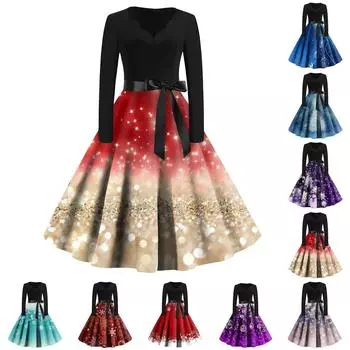 Женские повседневные модные винтажные длинные платья с длинным рукавом с рождественским принтом XXL чёрный