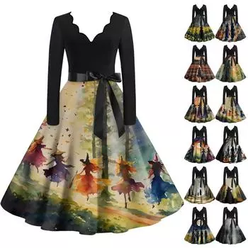 Женские повседневные модные винтажные длинные платья с длинным рукавом на Хэллоуин и графическим принтом XL зелёный