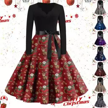 Женские повседневные модные винтажные длинные платья с длинным рукавом с рождественским принтом L