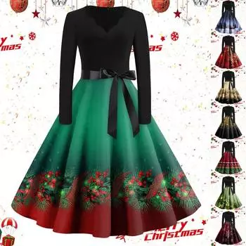 Женские повседневные модные винтажные длинные платья с длинным рукавом с рождественским принтом L чёрный