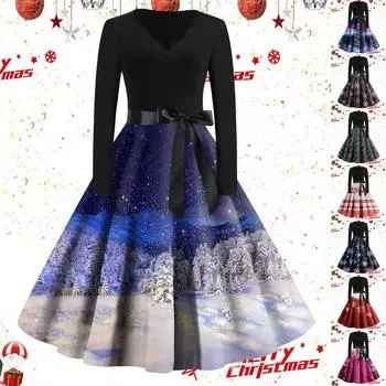 Женские повседневные модные винтажные длинные платья с длинным рукавом с рождественским принтом L