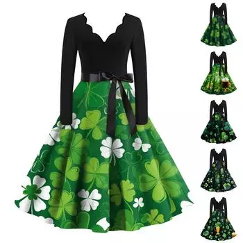 Женские повседневные модные винтажные платья с v-образным вырезом и длинными рукавами с принтом L