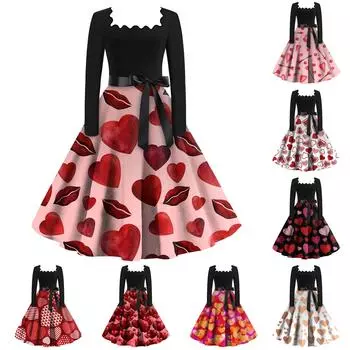 Женские повседневные модные винтажные платья с квадратным вырезом и длинными рукавами на День святого Валентина L