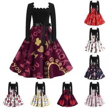 Женские повседневные модные винтажные платья с квадратным вырезом и длинными рукавами на День святого Валентина L