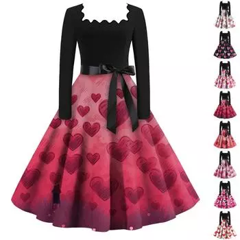 Женские повседневные модные винтажные платья с квадратным вырезом и длинными рукавами на День святого Валентина L