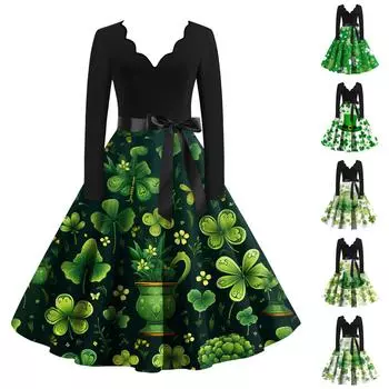 Женские повседневные модные винтажные платья с v-образным вырезом и длинными рукавами с принтом L