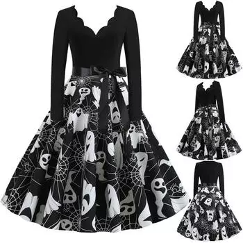 Женские повседневные модные винтажные платья с v-образным вырезом и длинным рукавом на Хэллоуин с принтом L чёрный