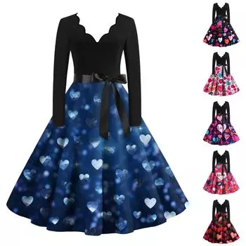 Женские повседневные модные винтажные платья с v-образным вырезом и длинными рукавами с принтом L синий