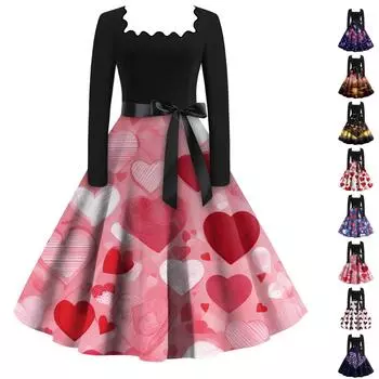 Женские повседневные модные винтажные платья с квадратным вырезом и длинными рукавами на День святого Валентина L синий