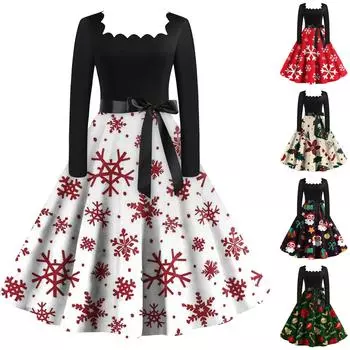 Женские повседневные модные винтажные платья с квадратным вырезом и рождественским принтом L бежевый