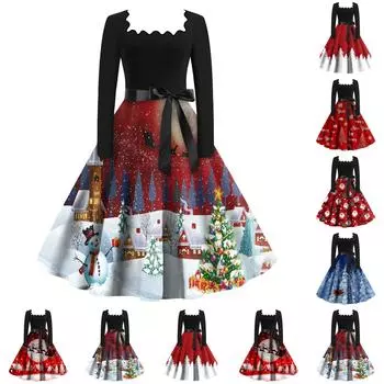 Женские повседневные модные винтажные платья с квадратным вырезом и рождественским принтом L красный