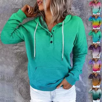 Женские повседневные модные винтажные пуловеры с длинными рукавами и пуговицами с принтом, толстовки с капюшоном L циан