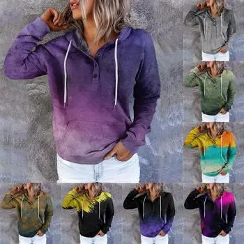 Женские повседневные модные винтажные пуловеры с длинными рукавами и пуговицами с принтом, толстовки с капюшоном XL чёрный