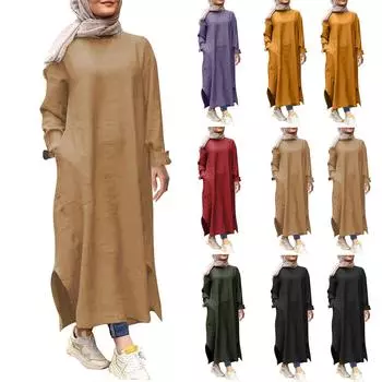 Женские повседневные наряды с длинным рукавом и пуговицами, однотонные платья макси с круглым вырезом L армия зеленый