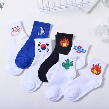 Женские повседневные носки Harajuku Korea Japanese Cotton Kitten Flame Socks Мужские китайские рождественские носки с изображением кактуса, пистолета, акулы и инопланетянина
