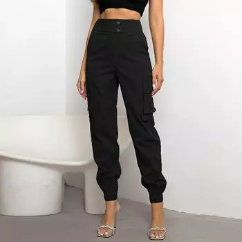 Женские повседневные однотонные брюки-карго с несколькими карманами и завязками на щиколотках S чёрный