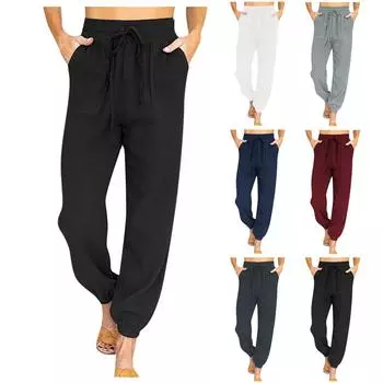 Женские повседневные однотонные брюки с эластичной резинкой на талии и шнуровкой длиной девять четвертей XXL чёрный