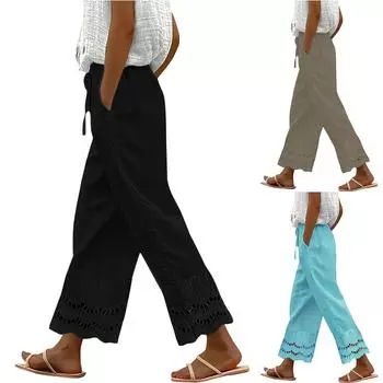 Женские повседневные однотонные брюки с эластичным поясом и кружевом в стиле пэчворк XL чёрный