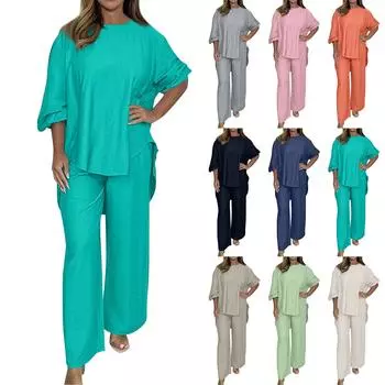 Женские повседневные однотонные брюки с круглым вырезом и длинными рукавами, широкие брюки, повседневный комплект L чёрный