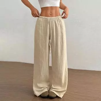 Женские повседневные однотонные брюки с текстурированной тканью, завязкой на талии и широкими штанинами, скошенными книзу. L бежевый