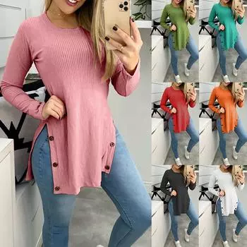 Женские повседневные однотонные футболки с круглым вырезом и боковыми пуговицами, осенний пуловер большого размера с длинными рукавами, туника, топы, женская модная одежда S зелёный