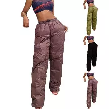 Женские повседневные однотонные хлопковые брюки, теплые хлопковые брюки с завязками на завязках и эластичным поясом на талии L чёрный