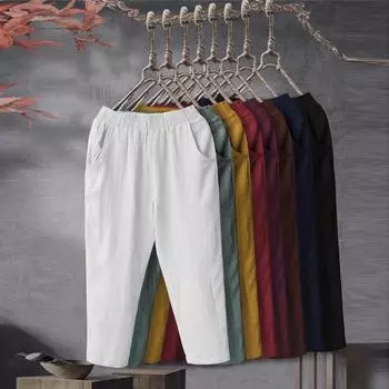 Женские повседневные однотонные хлопковые льняные брюки с эластичной резинкой и карманом Свободные брюки XXL коричневый