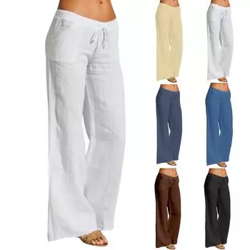 Женские повседневные однотонные хлопковые льняные длинные широкие брюки с эластичной резинкой на талии L бежевый