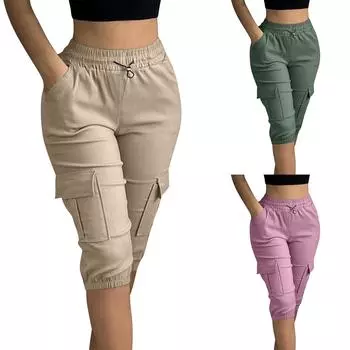 Женские повседневные однотонные карманные облегающие однотонные повседневные капри с эластичной резинкой на талии XL