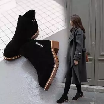 Женские повседневные однотонные короткие сапоги в стиле темперамент с низким каблуком и круглой головкой с боковой молнией 42