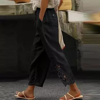 Женские повседневные однотонные кружевные брюки с высокой талией и карманами на шнурке Nine Minute L чёрный