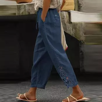 Женские повседневные однотонные кружевные брюки с высокой талией и карманами на шнурке Nine Minute L синий