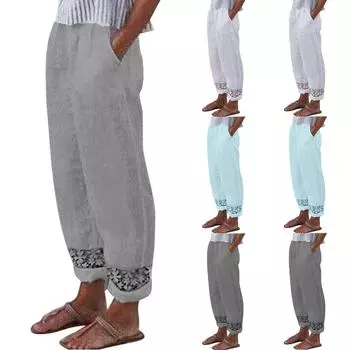 Женские повседневные однотонные кружевные девятиминутные брюки, свободные прямые брюки с эластичной резинкой на талии, удобные карманные девятиминутные брюки M серый