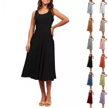 Женские повседневные однотонные платья из хлопка с круглым вырезом без рукавов и карманами L