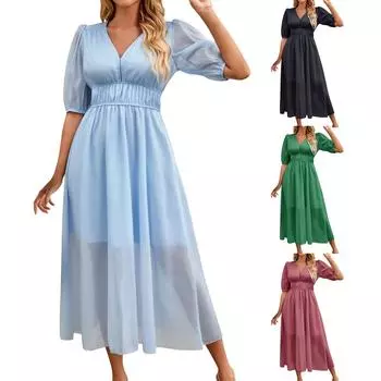 Женские повседневные однотонные платья с коротким рукавом и V-образным вырезом на завязках S чёрный