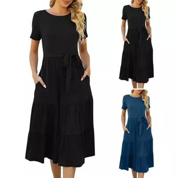 Женские повседневные однотонные платья с круглым вырезом и короткими рукавами с завязками L чёрный