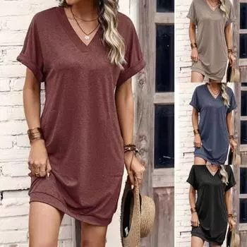 Женские повседневные однотонные платья с V-образным вырезом и карманами с короткими рукавами, модные свободные повседневные платья S армия зеленый