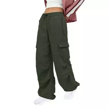 Женские повседневные однотонные прямые повседневные брюки с эластичной резинкой на талии и карманами L армия зеленый