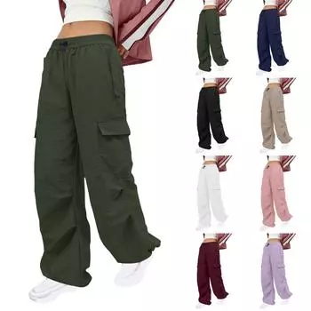 Женские повседневные однотонные прямые повседневные брюки с эластичной резинкой на талии и карманами XL чёрный