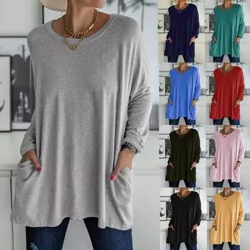 Женские повседневные однотонные пуловеры с длинными рукавами и круглым вырезом, футболка с карманами, топ S чёрный