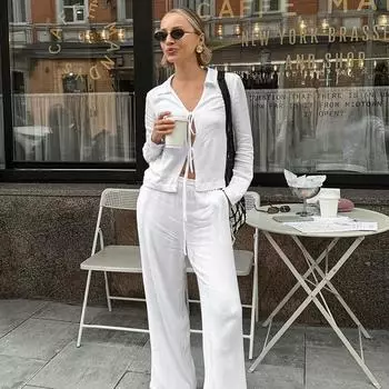 Женские повседневные однотонные рубашки со шнуровкой и брюками, весенне-осенний комплект с лацканами и длинными рукавами, прямые брюки с высокой талией S белый
