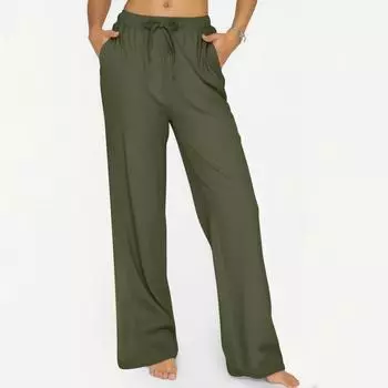 Женские повседневные однотонные широкие брюки из хлопка и льна с длинными брюками на эластичной талии L армия зеленый