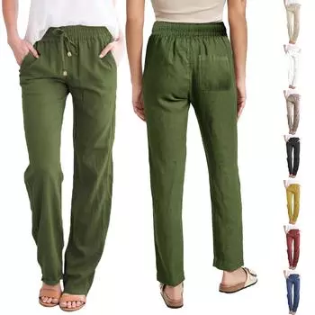 Женские повседневные однотонные широкие брюки из хлопка и льна с длинными брюками на эластичной талии L бежевый