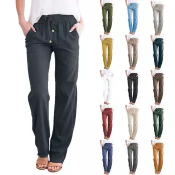 Женские повседневные однотонные широкие брюки из хлопка и льна с длинными брюками на эластичной талии S